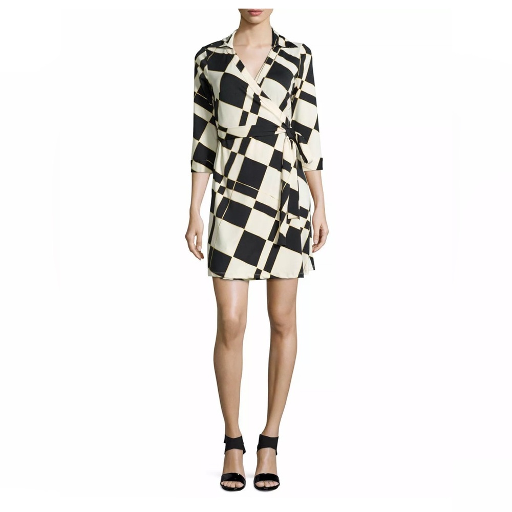JULIE BROWN Cream Black Milo Check 3/4 Sleeve Mini Wrap Dress Moonshine Size S